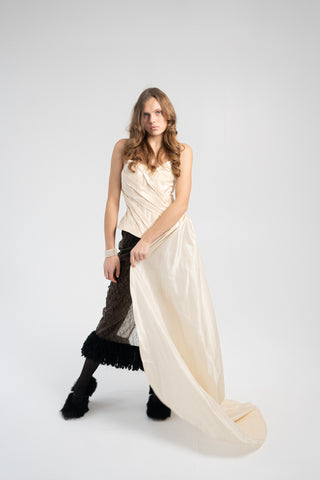 Elegant Gold Taffeta Corset with Side Tail, Luxurious Gold Taffeta Corset for Unique Looks