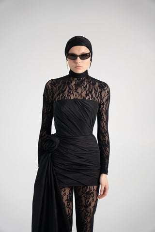 Black Taffeta Corset Set with Tail, Black Taffeta Corset Top & Mini Skirt With Rose and Tail , Everything Outfit for Woman