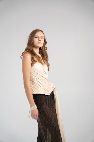 Elegant Gold Taffeta Corset with Side Tail, Luxurious Gold Taffeta Corset for Unique Looks