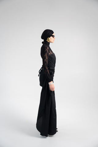 Black Taffeta Corset Set with Tail, Black Taffeta Corset Top & Mini Skirt With Rose and Tail , Everything Outfit for Woman