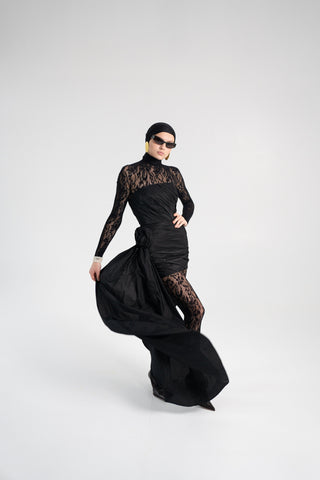 Black Taffeta Corset Set with Tail, Black Taffeta Corset Top & Mini Skirt With Rose and Tail , Everything Outfit for Woman