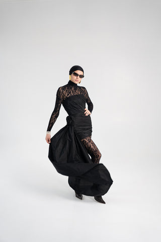 Black Taffeta Corset Set with Tail, Black Taffeta Corset Top & Mini Skirt With Rose and Tail , Everything Outfit for Woman