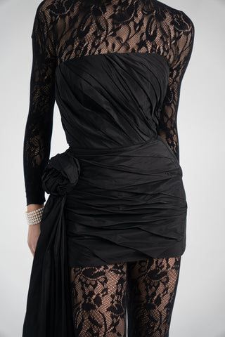 Black Taffeta Corset Set with Tail, Black Taffeta Corset Top & Mini Skirt With Rose and Tail , Everything Outfit for Woman