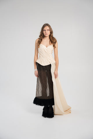 Elegant Gold Taffeta Corset with Side Tail, Luxurious Gold Taffeta Corset for Unique Looks