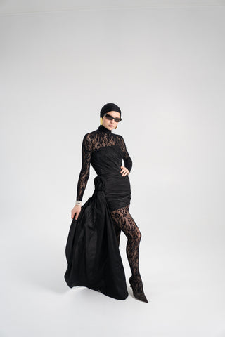 Black Taffeta Corset Set with Tail, Black Taffeta Corset Top & Mini Skirt With Rose and Tail , Everything Outfit for Woman
