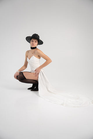 White Taffeta Corset Set with Tail, Ivory Taffeta Corset Top & Skirt, Everything Outfit for Woman