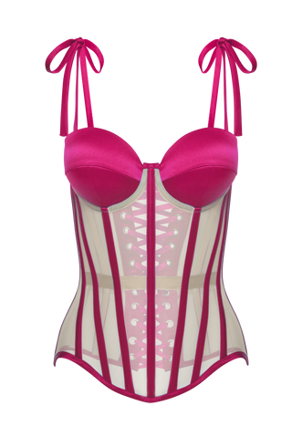 Mesh Corset Top With Pink Satin Cups, Steel Bones Custom Corset Tops, Removable Straps Lacing Up Corset
