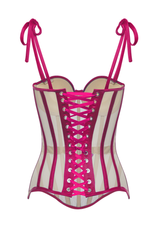Mesh Corset Top With Pink Satin Cups, Steel Bones Custom Corset Tops, Removable Straps Lacing Up Corset