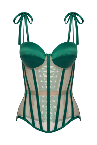 Mesh Corset Top With Emerald Green Satin Cups, Steel Bones Custom Corset Tops, Removable Straps Lacing Up Corset