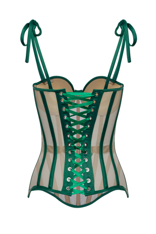 Mesh Corset Top With Emerald Green Satin Cups, Steel Bones Custom Corset Tops, Removable Straps Lacing Up Corset