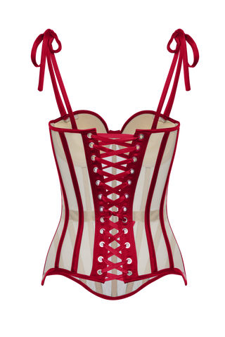 Mesh Corset Top With Red Satin Cups, Steel Bones Custom Corset Tops, Removable Straps Lacing Up Corset