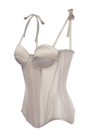 Beige Nude Satin Corset Top, Steel Bones Custom Corset Tops, Removable Straps Lacing Up Corset