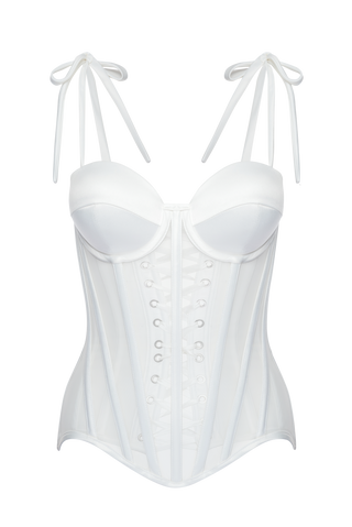 Ivory Mesh Corset Top With Satin Cups, Steel Bones Custom Wedding Corset Tops, Removable Straps Bridal White Lacing Up Corset