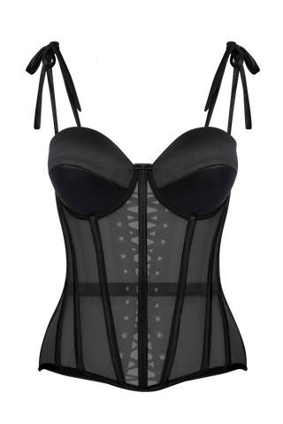 Black Mesh Corset Top With Black Satin Cups, Steel Bones Custom Corset Tops, Removable Straps Lacing Up Corset