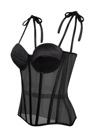 Black Mesh Corset Top With Black Satin Cups, Steel Bones Custom Corset Tops, Removable Straps Lacing Up Corset