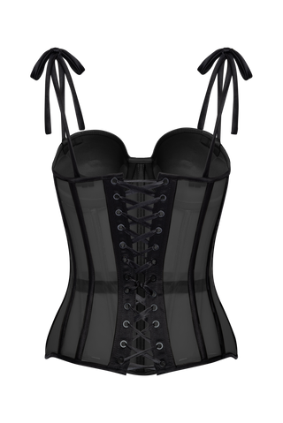 Black Mesh Corset Top With Black Satin Cups, Steel Bones Custom Corset Tops, Removable Straps Lacing Up Corset