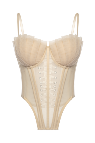 Beige Mesh Corset Top With Folds Cups, Removable Straps Nude Crop Top, Lacing Up Custom Corset