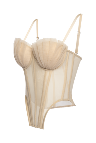 Beige Mesh Corset Top With Folds Cups, Removable Straps Nude Crop Top, Lacing Up Custom Corset
