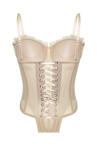 Beige Mesh Corset Top With Folds Cups, Removable Straps Nude Crop Top, Lacing Up Custom Corset