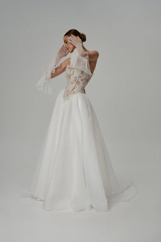Wedding set with embroidered ribbons and pearls, corset and organza skirt with train