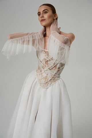 Wedding set with embroidered ribbons and pearls, corset and organza skirt with train - designer piece by Caribis