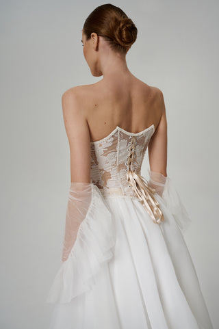 Wedding set with embroidered ribbons and pearls, corset and organza skirt with train