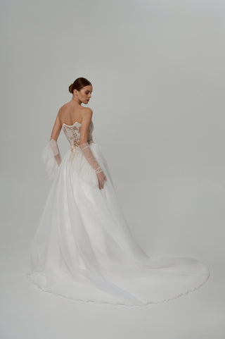 Wedding set with embroidered ribbons and pearls, corset and organza skirt with train