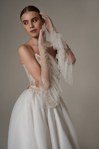 Wedding set with embroidered ribbons and pearls, corset and organza skirt with train