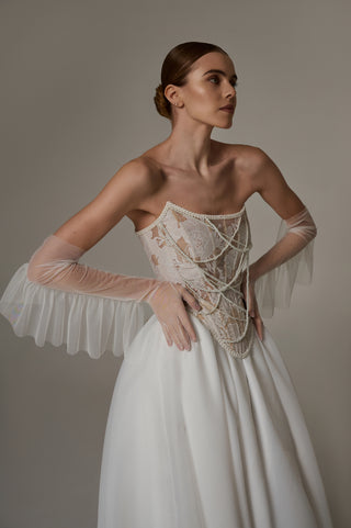 Wedding set with embroidered ribbons and pearls, corset and organza skirt with train