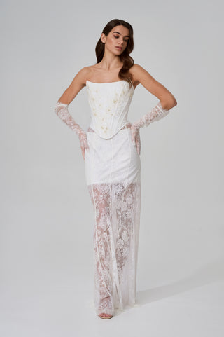 Lace wedding set with embroidered corset and two skirts: a long A-line skirt and a short lined skirt, with lace gloves