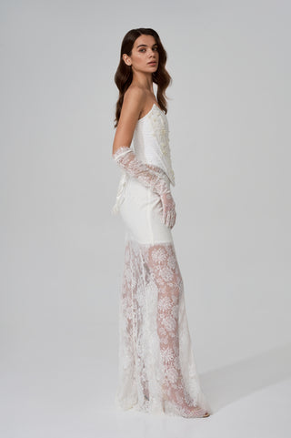 Lace wedding set with embroidered corset and two skirts: a long A-line skirt and a short lined skirt, with lace gloves