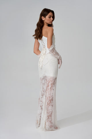 Lace wedding set with embroidered corset and two skirts: a long A-line skirt and a short lined skirt, with lace gloves