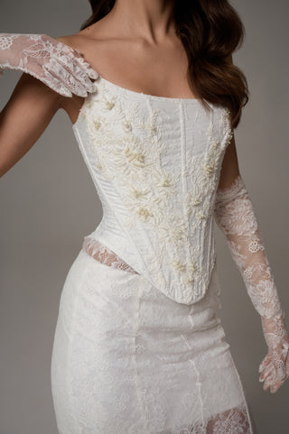 Lace wedding set with embroidered corset and two skirts: a long A-line skirt and a short lined skirt, with lace gloves - designer piece by Caribis