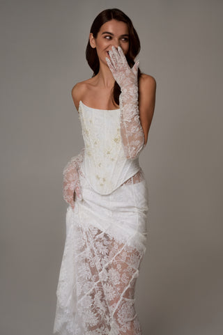 Lace wedding set with embroidered corset and two skirts: a long A-line skirt and a short lined skirt, with lace gloves
