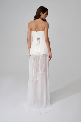 Wedding set with a corset dress and a transparent skirt — corset with lacing at the back, asymmetrical neckline and hem, with a chiffon cape and scarf