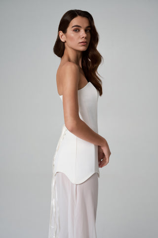 Wedding set with a corset dress and a transparent skirt — corset with lacing at the back, asymmetrical neckline and hem, with a chiffon cape and scarf