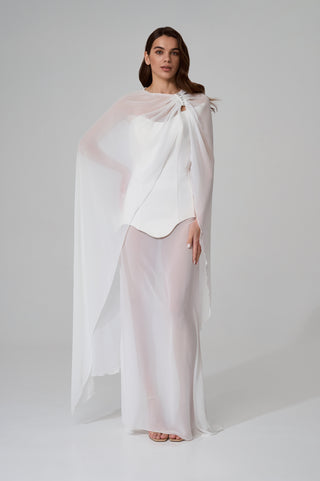 Wedding set with a corset dress and a transparent skirt — corset with lacing at the back, asymmetrical neckline and hem, with a chiffon cape and scarf