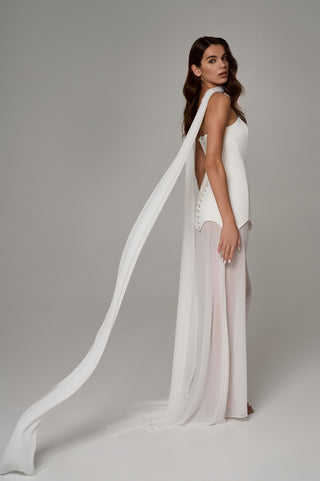 Wedding set with a corset dress and a transparent skirt — corset with lacing at the back, asymmetrical neckline and hem, with a chiffon cape and scarf
