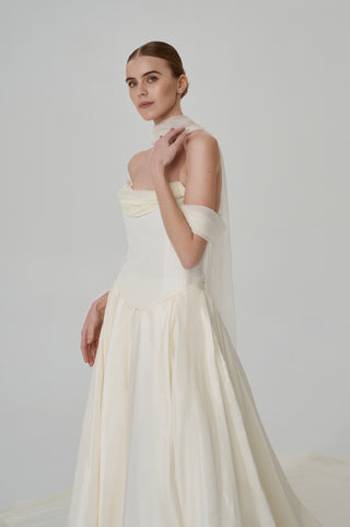 Wedding set with a lace-up corset with dropped sleeves made of chiffon and a fluffy A-line skirt with a long train and a loop for the arms
