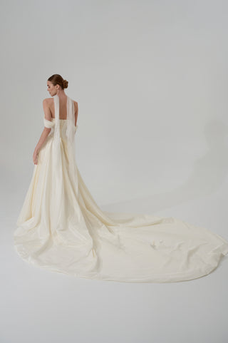 Wedding set with a lace-up corset with dropped sleeves made of chiffon and a fluffy A-line skirt with a long train and a loop for the arms - designer piece by Caribis