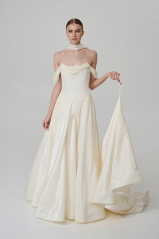 Wedding set with a lace-up corset with dropped sleeves made of chiffon and a fluffy A-line skirt with a long train and a loop for the arms