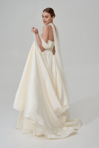 Wedding set with a lace-up corset with dropped sleeves made of chiffon and a fluffy A-line skirt with a long train and a loop for the arms