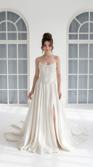 Wedding dress with silk corset top and removable satin skirt - designer piece by Caribis