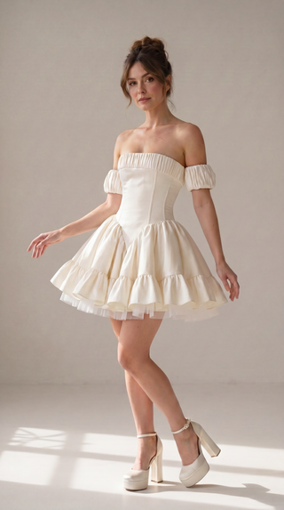 Short wedding dress with a corset bodice and a full skirt