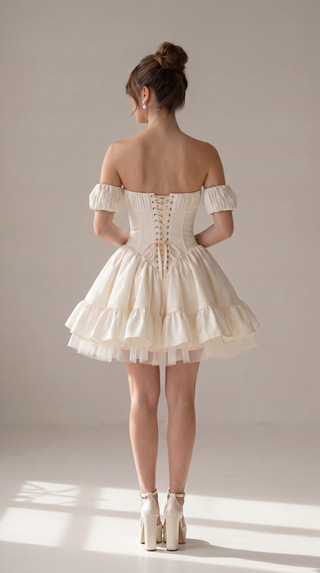 Short wedding dress with a corset bodice and a full skirt