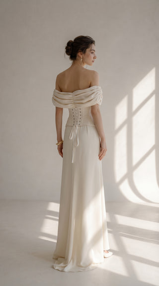 Wedding dress with draped silk corset top and straight skirt - designer piece by Caribis