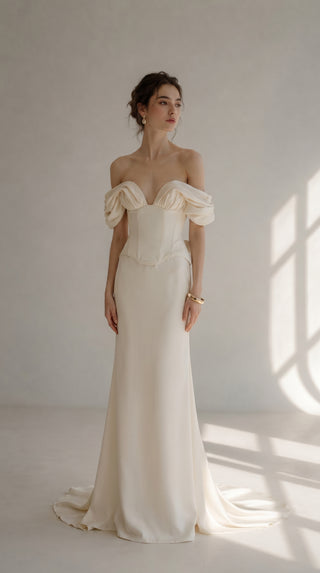 Wedding dress with draped silk corset top and straight skirt