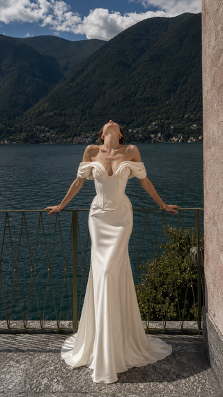 Wedding dress with draped silk corset top and straight skirt