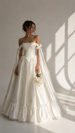 Wedding dress with a corset bodice, dropped straps, and a full skirt