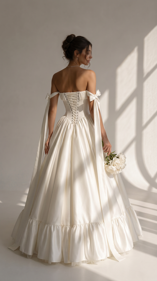 Wedding dress with a corset bodice, dropped straps, and a full skirt